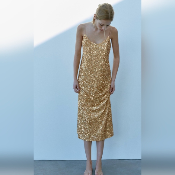 ZARA $119 LIMITED EDITION GOLD SEQUIN SLIP DRESS S,M,L NWT - Picture 6 of 11